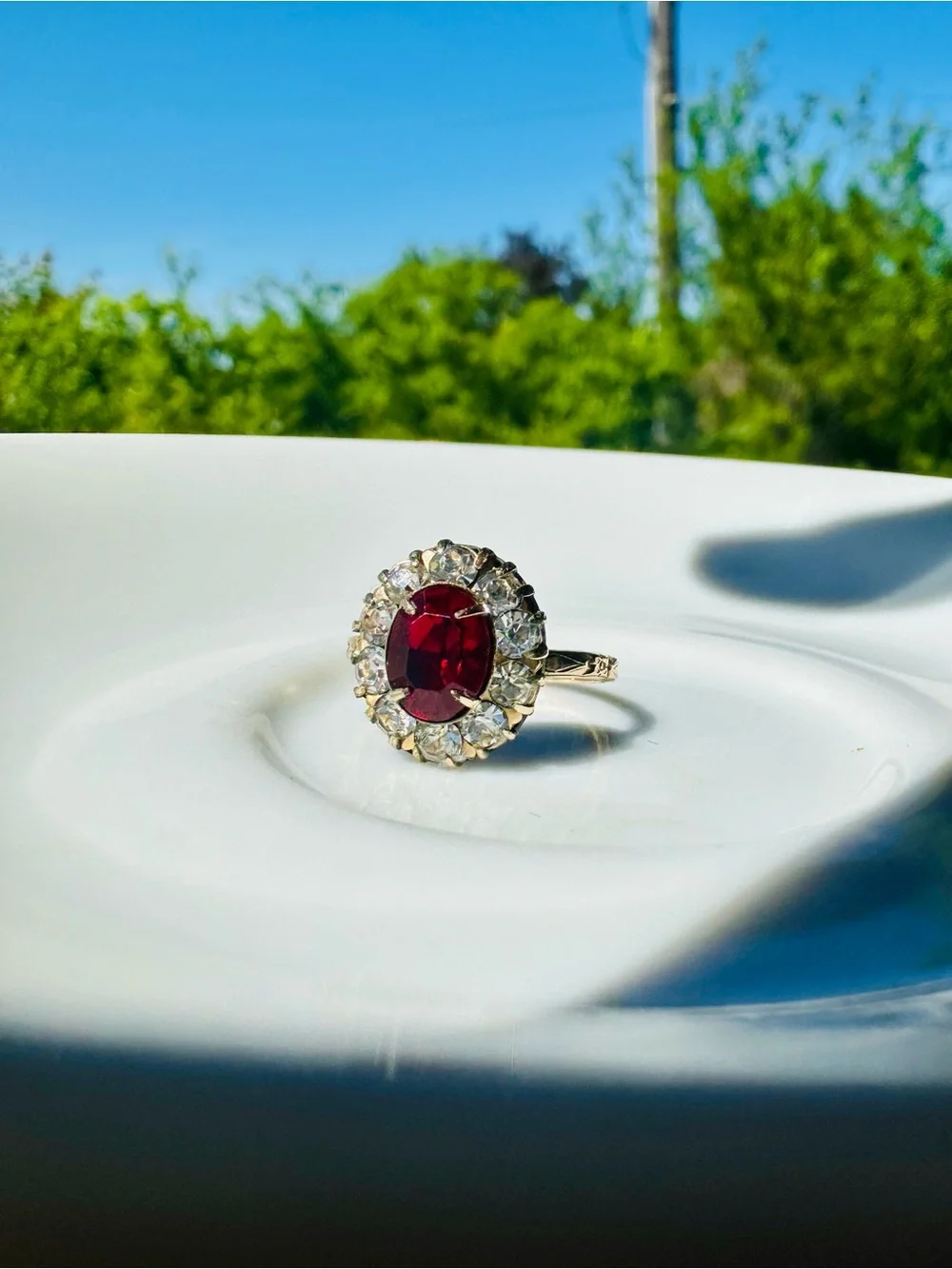 Vintage Victorian Revival 14K Garnet & Crystal Halo Cluster Ring—14K RGF—Sz 5.75